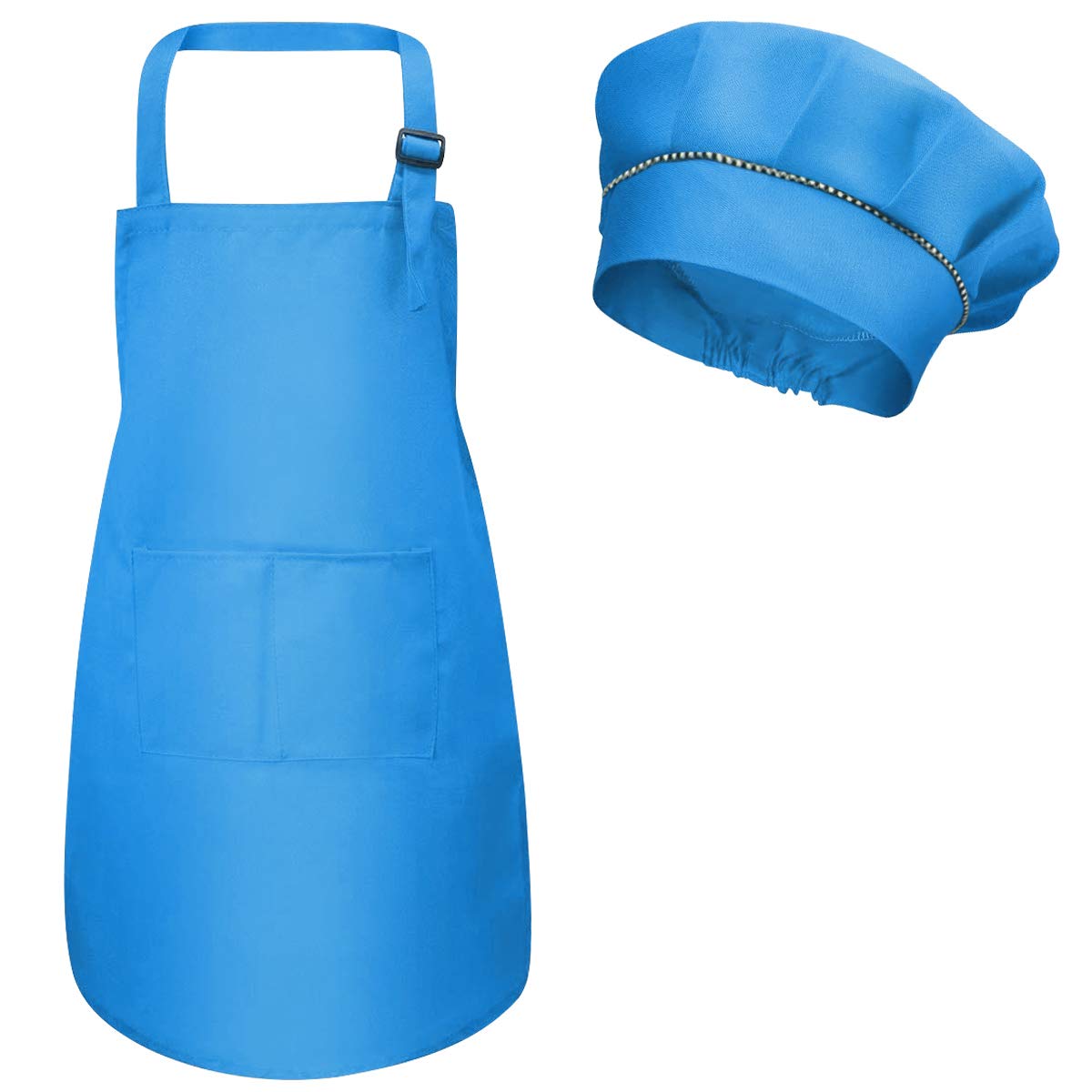 Kids Apron and Chef Hat Set, Adjustable Children Chefs Apron with Pockets for Boys Girls, Toddler Kitchen Garden Bib Aprons for Cooking Baking Painting Crafting Wear (M for 3-6 Age) (Blue)