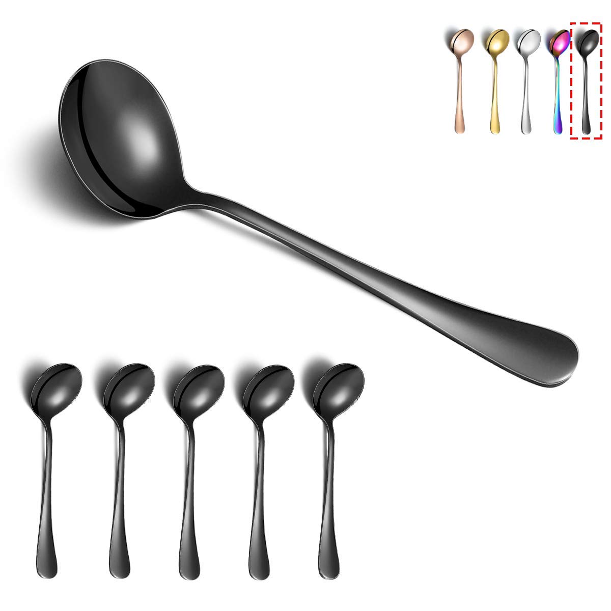 Kyraton 6-Piece 19 cm Stainless Steel Round Spoons with Black Titanium Plating - Black Dinner and Table Spoons, Silverware Set, Dishwasher Safe