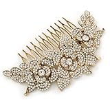 Oversized Bridal/ Wedding/ Prom/ Party Gold Plated Clear Crystal Triple Rose Floral Hair Comb - 110mm