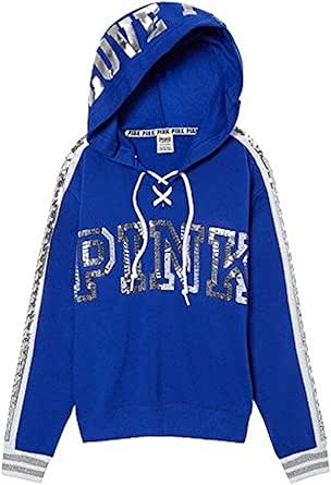 Victoria's Secret Pink Logo Fashion Show Lace Up Bling Sequins Blue Hoodie Pullover, Small at 