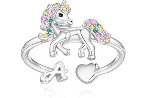 EXQUJEW Unicorn Initial Rings for Teen Girls, Rose Gold/White Gold Plated Heart Initial Rings for Girls Adjustable Stackable Rings for Women Diny Heart Ring for Teen Girls Gifts Unicorns Gifts for Girls