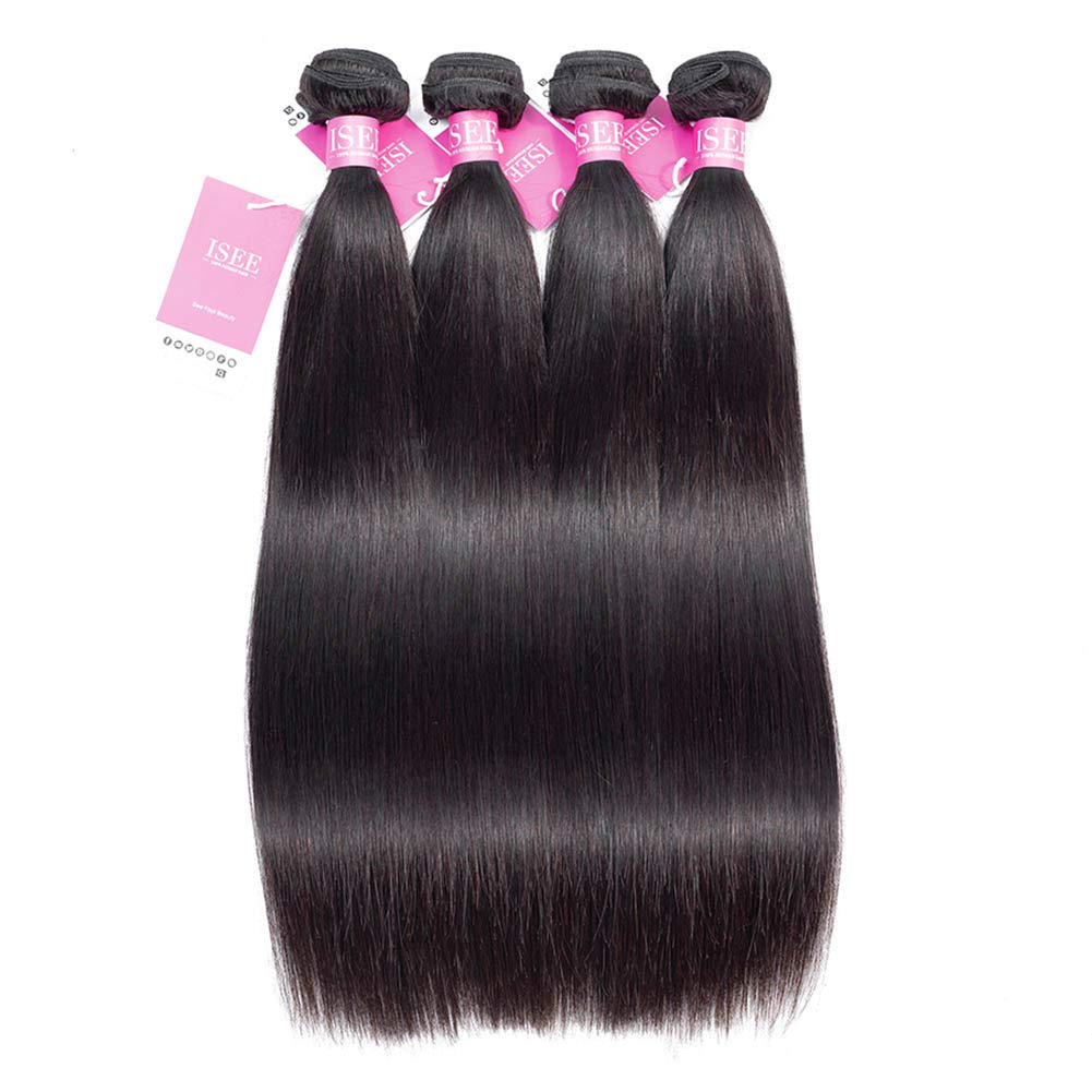 ISEE Hair 8A Malaysian Virgin Straight Hair 4 Bundles 100% Unprocessed Human Hair Weave Bundles Human Hair Extensions 4 Bundles Deal Natural Black 18 20 22 24inches