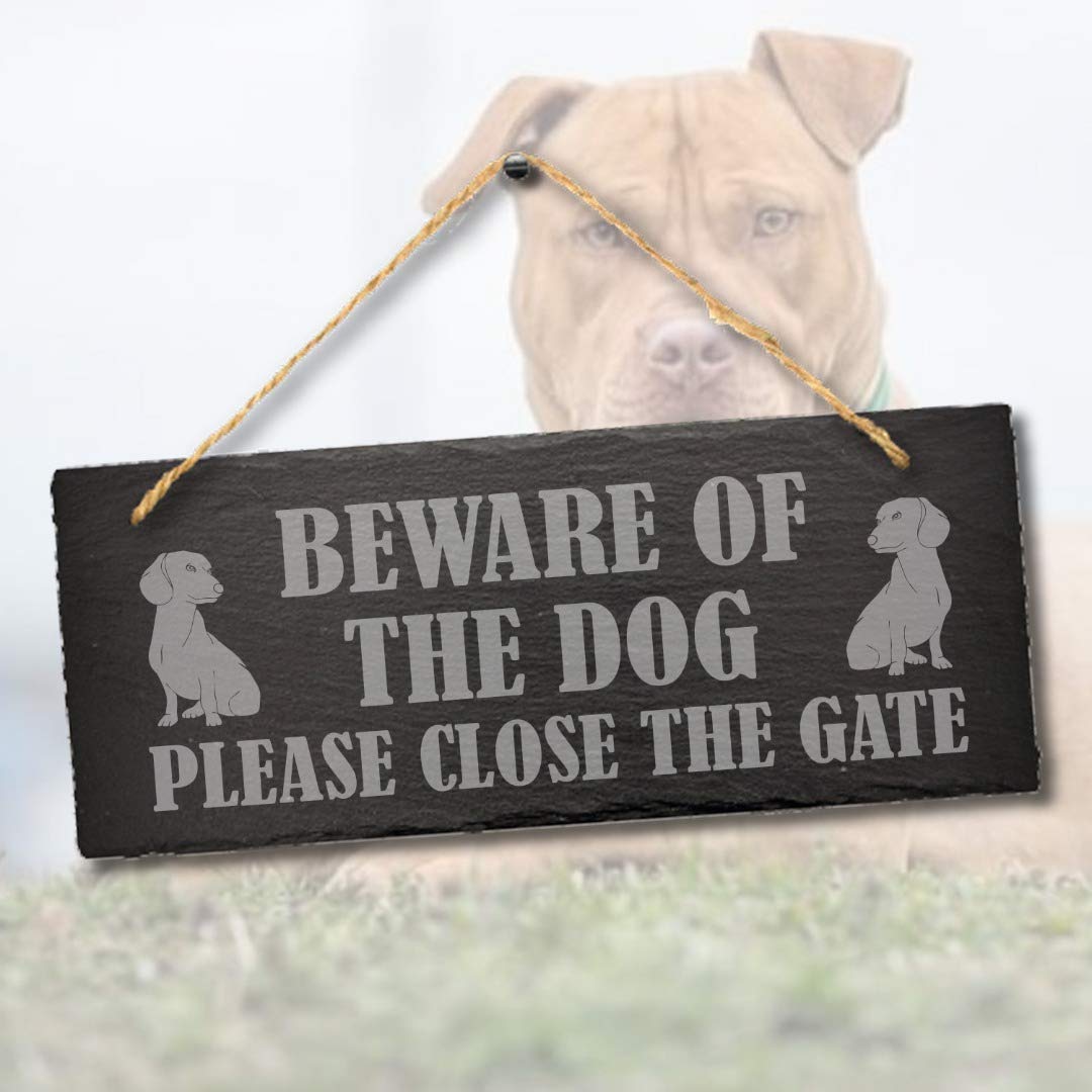 Stukk Dogs Buddy Laser Kitten Puppy Pup Home Door Sign (Please Close The Gate), Natural Engraved Slate Stone Plaque, 30x12cm (Large)