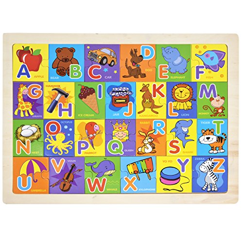 Wooden Alphabet Puzzle Board - Toddler Learning ABC Toy Smart Visual Game with 26 Large Size Pictures, Words and Letter Blocks for Kids Boys Girls Entertaining and Fun To Teach and Learn - Thumbnail 6