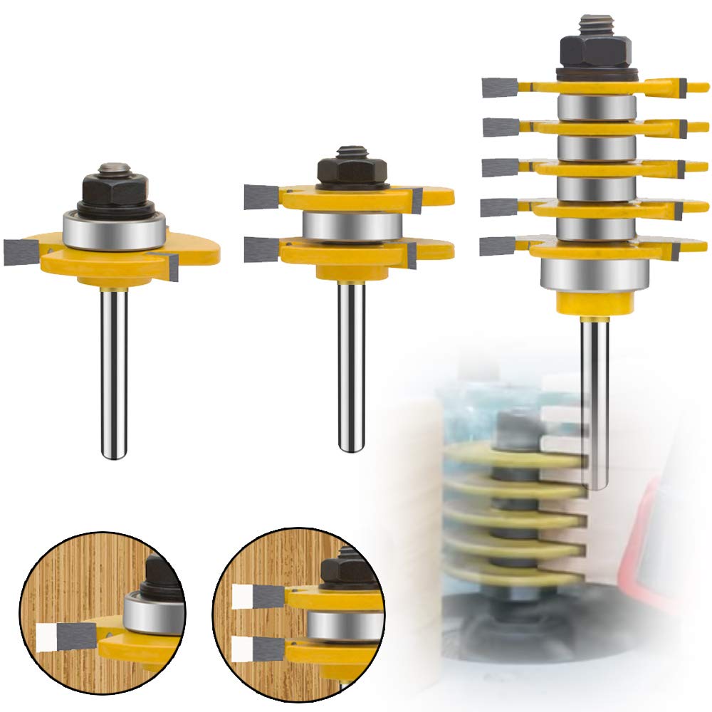 LEATBUY-TECH 1/4 Inch Shank Router Bit Set & 5 Finger Joint 3Pcs, Tongue and Groove Wood Milling Cutter Drilling Carbide Tool For Door Table Cabinet Shelve(1/4-5 Finger)