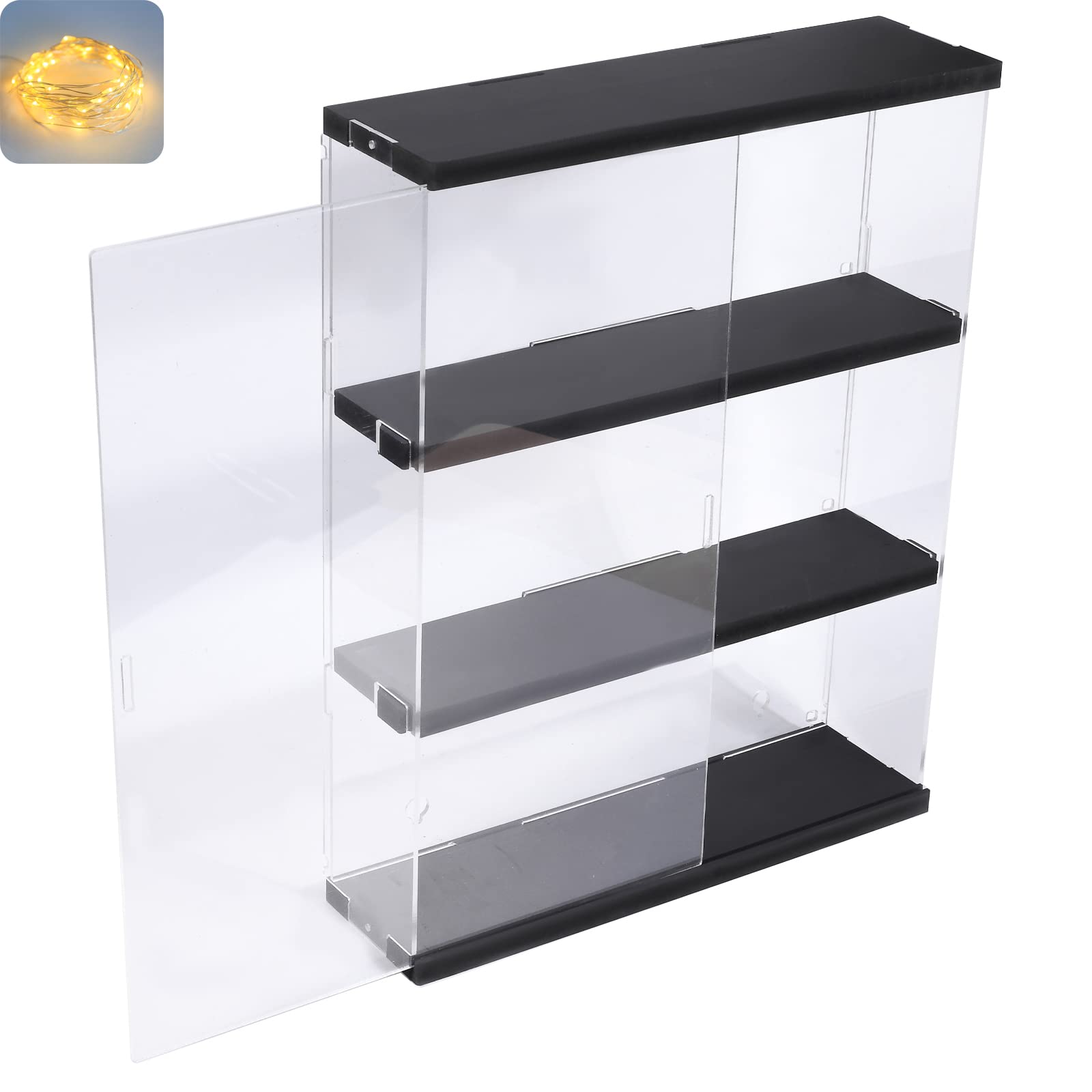 Nynelly 3 Shelf Clear Acrylic Display Case with Door - Wall Display Shelf for Models, Figures, Funko Pop, Pop Mart, Labubu, Sonny Angel, Smiski - Assemble Dustproof Display Box (29.5x8.5x38 cm, Black)