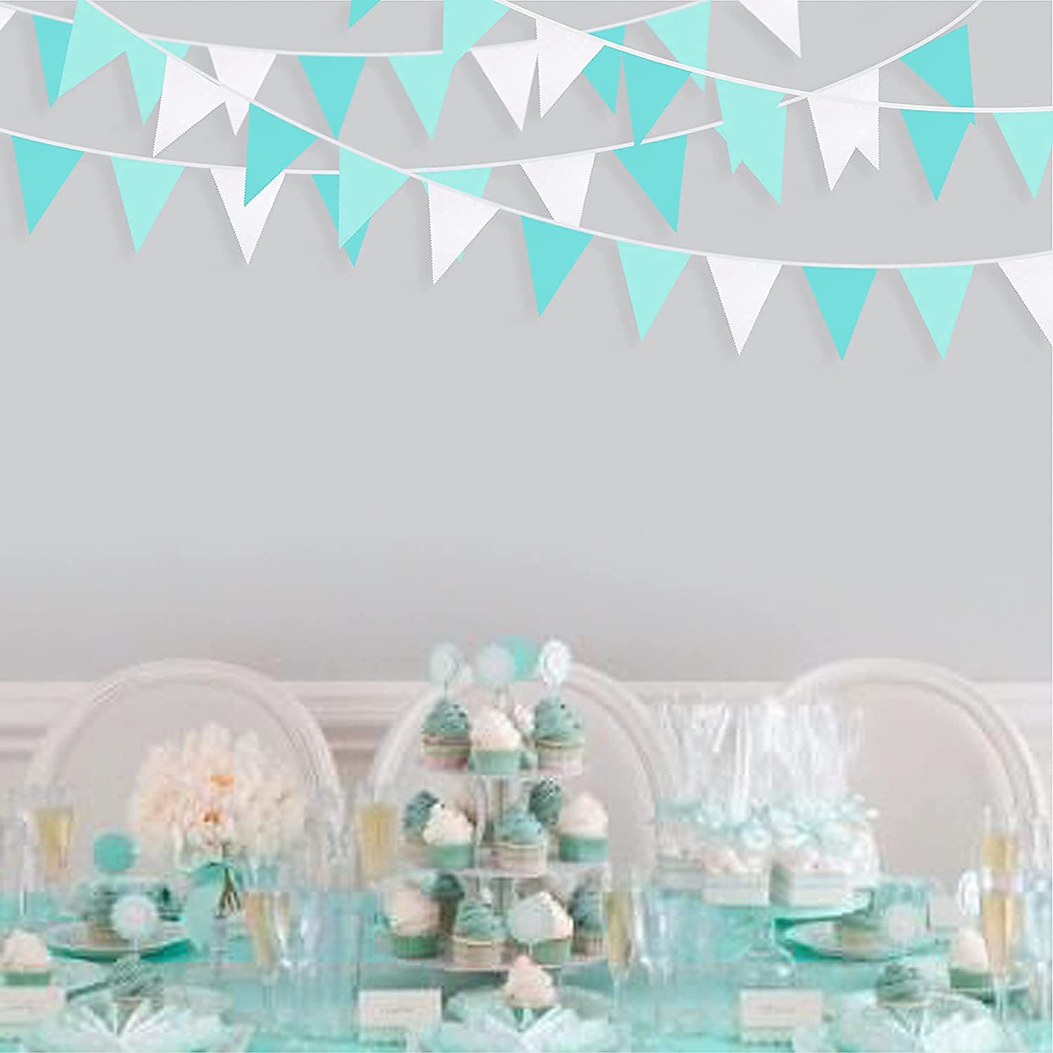 10M/32.8Ft Aqua Green Fabric Bunting Banner Party Decorations Teal Blue Cloth Triangle Flag Garland Pennant for Birthday Wedding Baby Shower Nursery Summer Outdoor Garden Hanging Festivals Decoration - Image 5