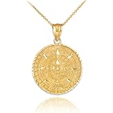 10K Yellow Gold Round Aztec Mayan Calendar Charm Pendant Necklace with Rolo Chain - Choice of Necklace Length