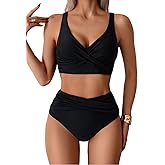 Tainehs Women's Two Piece Bikini Sets Cross Front V Neck Push Up Swimsuit High Waisted Tummy Control Bathing Suit Black