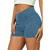 Lynroxia High Waisted Jeans Shorts for Women Stretchy Shorts Crossover Denim Summer Bermuda Pants with Pockets Summer