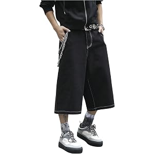 VIPWOLF Men's Y2K Jorts Baggy Capri Wide Leg Streetwear Denim Jean Shorts | Oversized Loose Fit, Black Jorts, Streetwear Grun