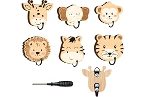 CRAFTYMELODY 6Pcs Animal Decorative Wall Hooks 6 Style Jungle Animal Cute Wood Wall Mount Coat Hooks for Nursery Classroom Ba