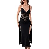 Floerns Women's Floral Lace Split Thigh Cami Nightgown V Neck Spaghetti Strap Chemise Sleepwear