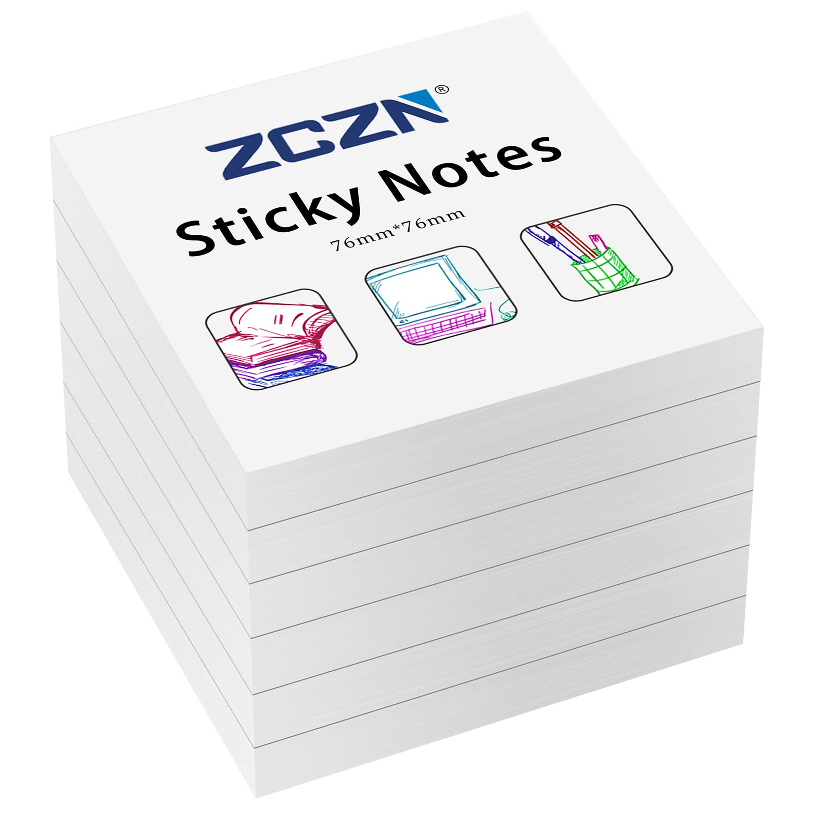 ZCZN Sticky Notes 76 x 76 mm, 6 Pads, 80 Sheets/Pad, White