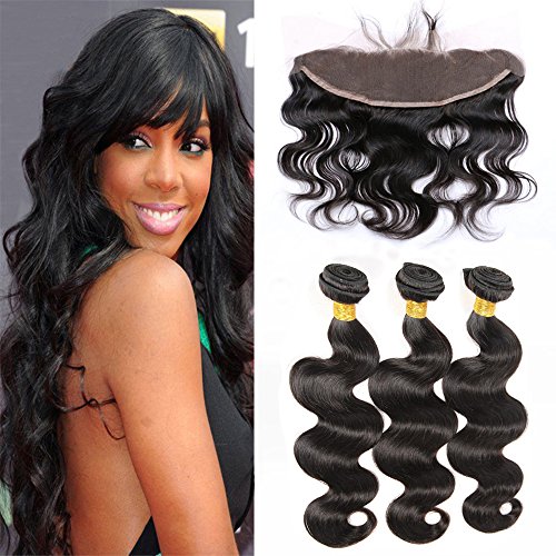 Sunwell Lace Frontal with Bundles Brazilian Hair Extensions 3 Bundles with Frontal Closure 13x4 Free Part Body Wave Natural Color (18 20 22+18 Frontal)