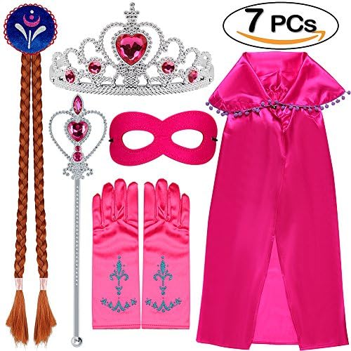 Princess Dress Up 7 Pcs Anna Costume Crown Gloves Wig Wand Cloak Mask Princess Accessories for Girls(Red)