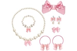 Klorify Handmade Bow Pearl Kids Jewelry for Little Girls Toddler Set of 8 pcs - Hair Bows Clips Ties - Stretch Necklace Bracelets Rings and Clip on Earrings - Cute Princess Dress Up Gifts