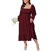 SCOMCHIC Womens Plus Size Fall Dresses Long Sleeve Square Neck Wedding Guest Smocked Flowy Boho Country Western Maxi Dress