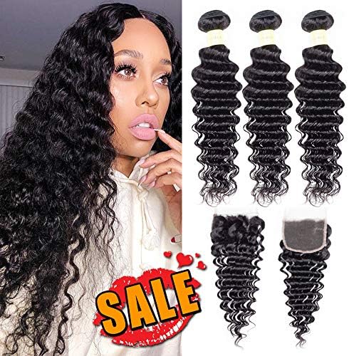 YePei Brazilian Virgin Deep Wave Hair 3 Bundles With Free Part Lace Closure 100% Unprocessed Human Hair Weave Weft(18 20 22 with 18)