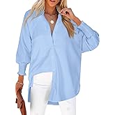 Womens Smocked Cuffed Striped Boyfriend Shirt Casual Collar Long Sleeve Oversized Button Down Blouse Tops with Pocket Shirred