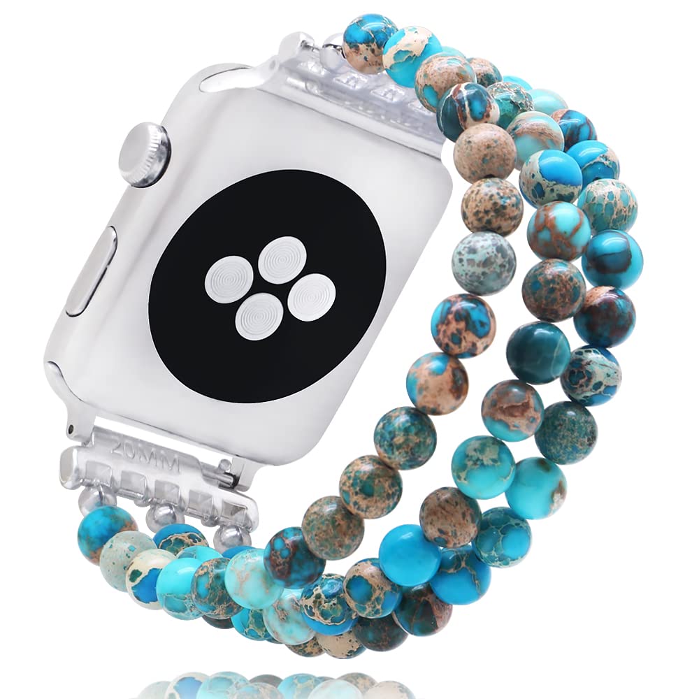Natural Stone Beaded Bracelet Compatible with Apple Watch Band Series 9, 10, Ultra 2, SE, Ultra 8 7 6 5 4 3 2 1, Elastic Stretchy Watch Strap Wristband for iWatch Band 38mm/40mm/41mm/42mm(S10) Women