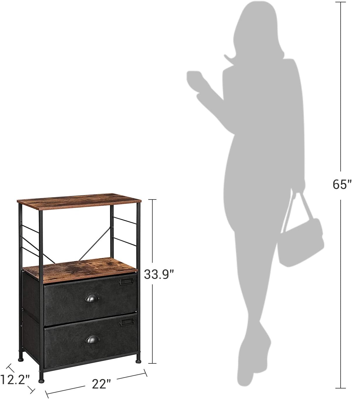 SONGMICS Nightstand, Industrial Bedside Table with 2 Fabric Drawers, Storage Shelves, Vertical Dresser Storage Tower with Wooden Top, Metal Frame, Labels, Rustic Brown and Black ULVT03H: Kitchen & Dining