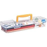 BTSKY 1 Pack Clear Plastic Painting Brush Container with Yellow Handle, Portable Long Paintbrush Case, Drawing Tools Storage Box, Practical Art Supply Organizer for Artist Crafters, 13.1"x3.7"x2.4"