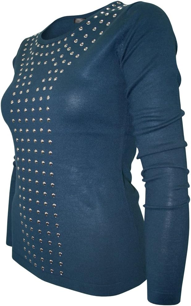 CIELO Women's Dazzling Rhinestone/Stud Embellished Slub-Knit Pullover Sweater