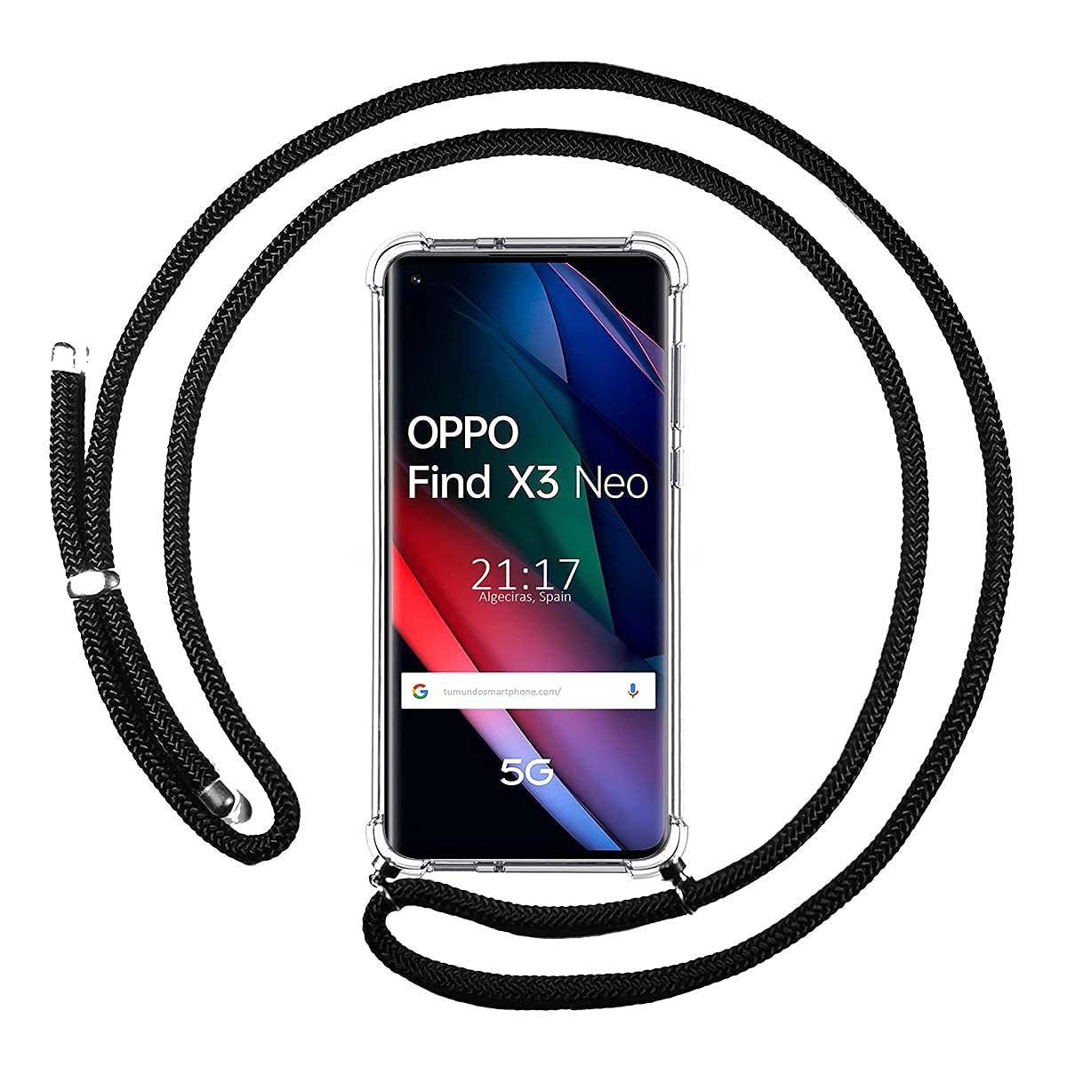 Tumundosmartphone Transparent Pendant Case for OPPO Find X3 Neo 5G with Black Cord