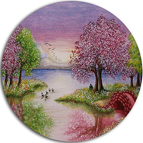 Romantic Lake in Pink & Green Round Landscape Metal Wall Art