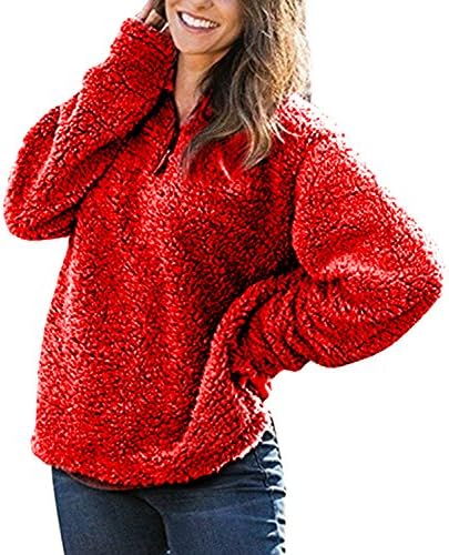 JJyee Women's Fleece Pullover Fashion Sweater Solid Color Zippered Red S