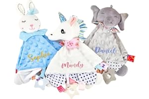 Personalized Baby Lovely Blanket with Tags Teether,Custom Baby Security Blankets with Embroidered Name,Soft Plush Soothing To