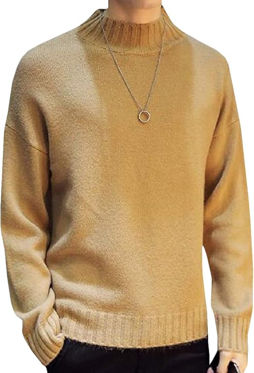 KXP Suéter para Hombre con Cuello de Tortuga, Color Puro, Bronceado