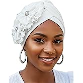 Woeoe Women Auto Gele Headwraps Gold Flower African Turban Pre Tied Beanie Caps Headwear