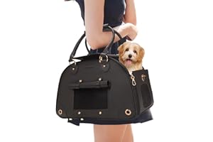 Johomviin Dog Carrier, Cat Carrier, Pet Carrier, Foldable Premium PU Leather Dog Purse, Portable Tote Bag Carrier for Small to Medium Cats and Small Dogs（Black-Medium）