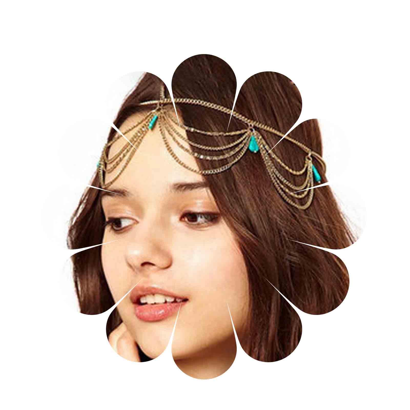 Aneneiceera Boho Layered Turquoise Headband Headchain Gold Tassel Dangle Teardrop Hair Chain Gypsy Headpieces Festival Prom Wedding Hair Accessories for Women and Girls