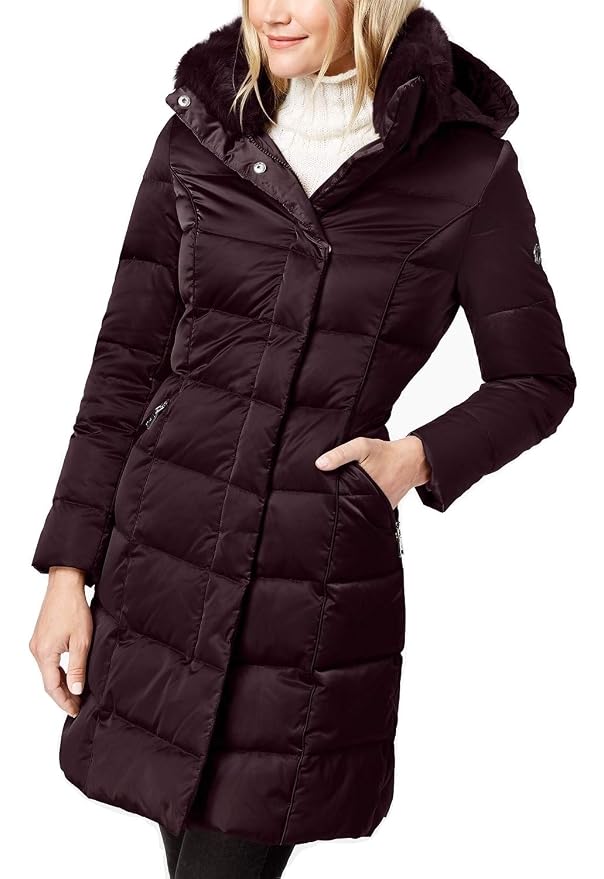 tahari faux fur trim hood long puffer jacket