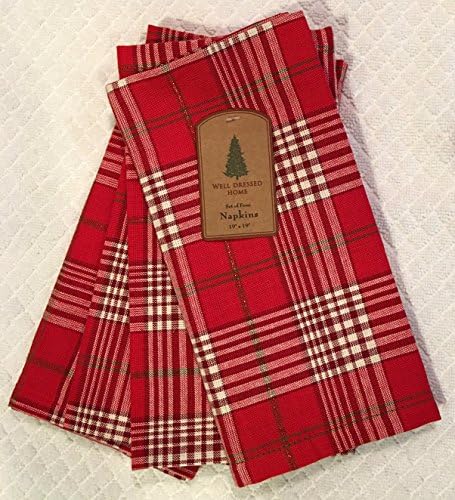 Well Dressed Home Tartan Plaid Fabric Christmas Napkins with Red Metallic Highlight Thread