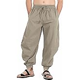 perdontoo Mens Casual Cotton Linen Pant Elastic Waist Drawstring Yoga Jogger Pants