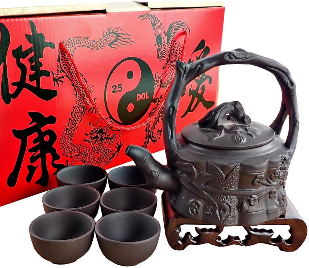 Sipping Tea Set 8 Pieces made with Premium Quality Chinese Yixing Purple Clay - Teapot "Lost Forest" model (200ml - 7Oz) + Lid + 6 Small Cups (20ml each - 0.7Oz).