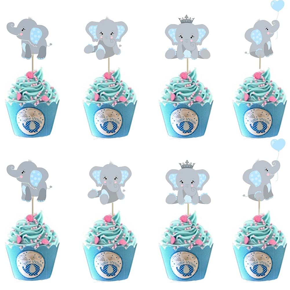 Morofme 48pcs Blue Elephant Cupcake Toppers, Double Sided It is A Boy Elephant Cupcake Picks, Elephant Cake Cupcake Decorations for Elephant Theme Birthday Baby Shower Little Peanut Party Supplies
