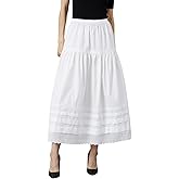 BEAUZSUZSANA 100% Cotton Women White Maxi Skirt Elastic Waist Peasant A Line Flowy Swing Lace Skirt Dress No Lining