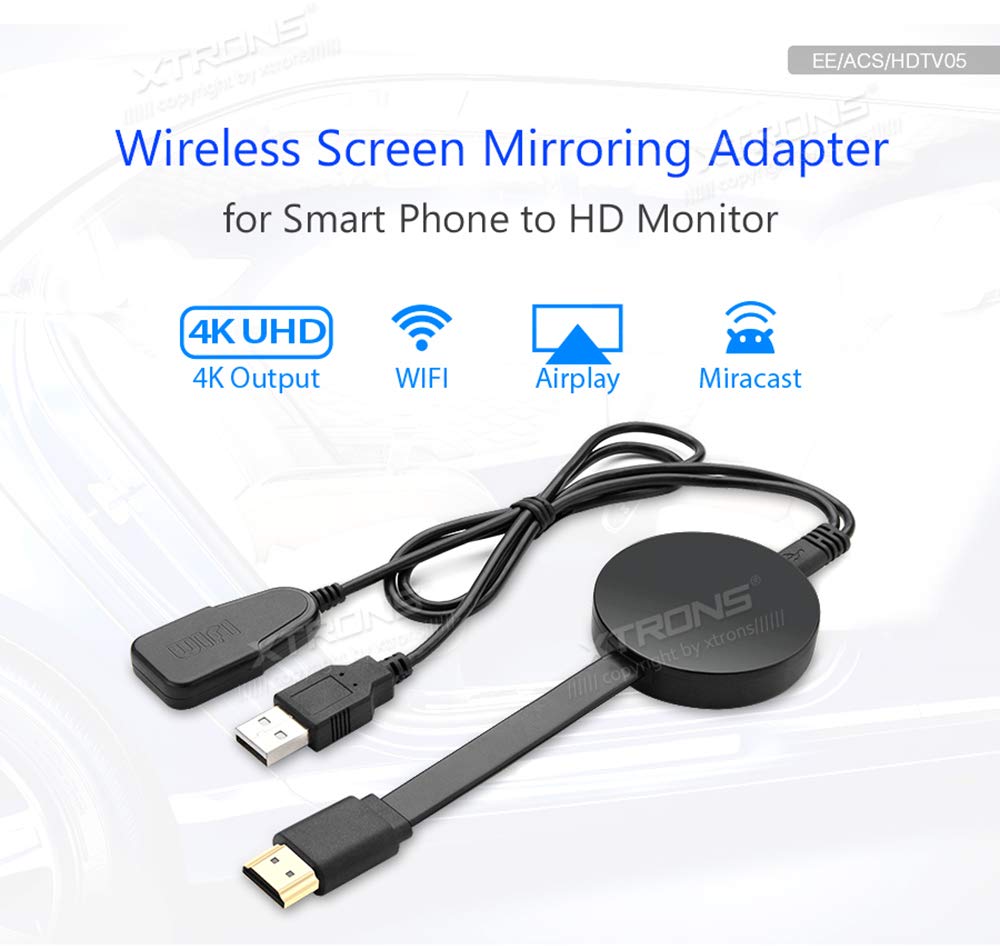 XTRONS 4K Wireless Display Adapter Airplay Miracast Dongle for TV, WiFi Display Dongle Wireless HDMI Dongle TV Receiver Screen Mirroring Adapter for iOS/Android/Monitor/Projector