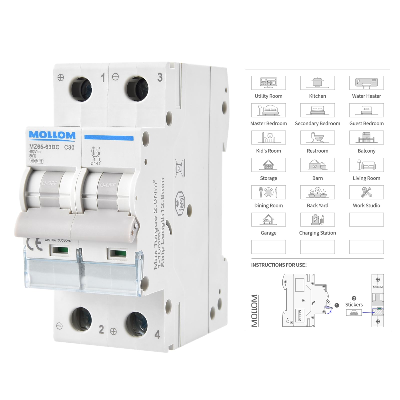 MOLLOM DC 2 Pole Miniature Circuit Breaker,400V