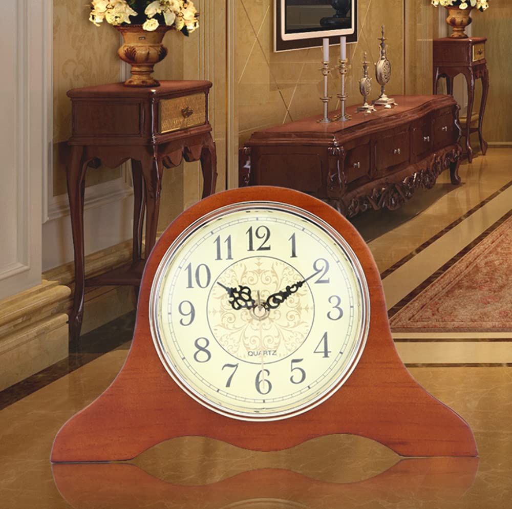 Tikwisdom Handmade Solid Wood Table Clock, Mantel Clock Bracket, Bronze Face, Silent Quartz, Vintage (27cm Long Brown)