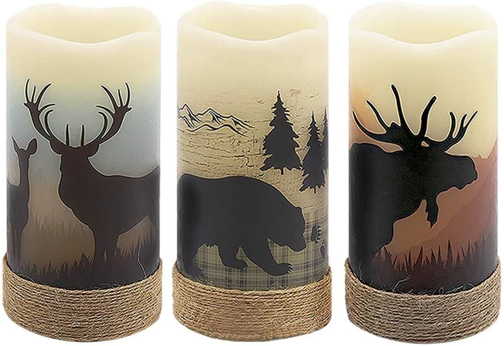 GenSwin Battery Operated Flameless Led Candles Flickering with Hemp Rope and 6H Timer, Real Wax Pillar Candles Warm Light with Deer, Moose, Bear Decals Decor Christmas Home(Pack of 3, D3" x H6")