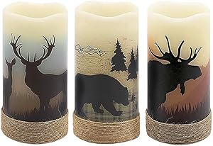 GenSwin Battery Operated Flameless Led Candles Flickering with Hemp Rope and 6H Timer, Real Wax Pillar Candles Warm Light with Deer, Moose, Bear Decals Decor Christmas Home(Pack of 3, D3" x H6")