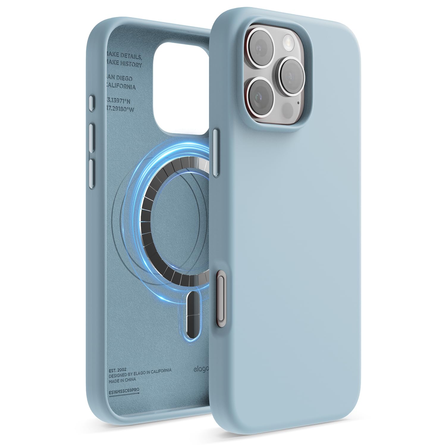 elago Magnetic Silicone Case Compatible with iPhone 16 Pro Max Case 6.9 Inch Compatible with All MagSafe Accessories - Built-in Magnets, Soft Grip Silicone, Shockproof (Sky Blue)