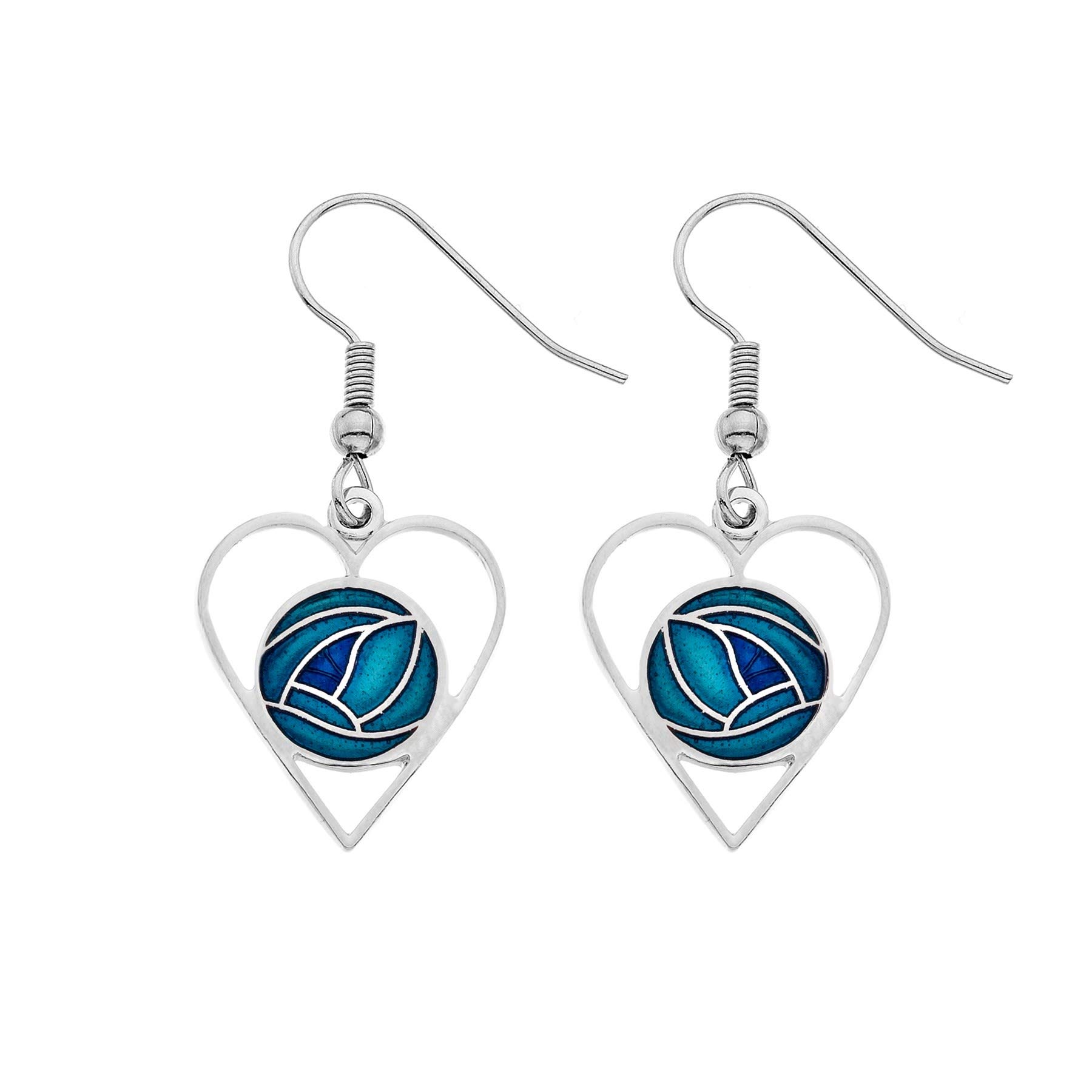 Rennie Mackintosh Inspired Heart 19mm Hook Earrings (Turquoise/Blue)