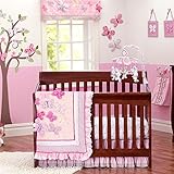 Brandream Butterfly Floral Crib Bedding Sets for Girls with Bumpers Shabby Baby Bedding Chic Pink, Ideal, 7 Pieces